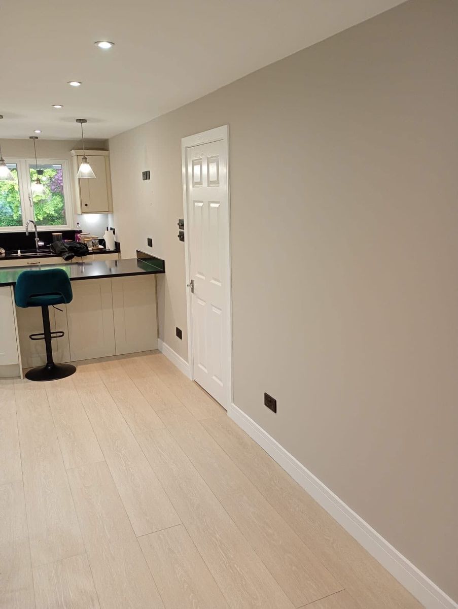 Hallway in pale neutral paint with white door